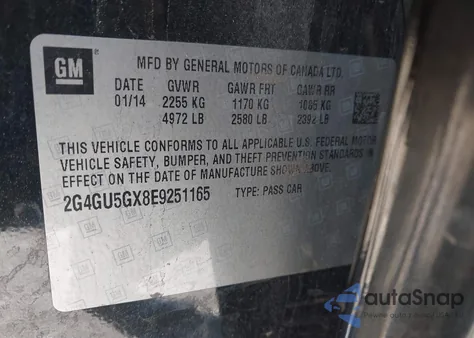 2014 Buick Regal Gs из США, поврежденный, VIN 2G4GU5GX8E9251165